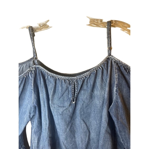 Denim Cotton Blouse Women Size L Embroidered Off Shoulder Ruffle Embroidered Y2K - Picture 8 of 9